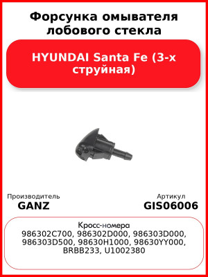 Форсунка омывателя лобового стекла HYUNDAI Santa Fe (3-х струйная) GANZ GIS06006