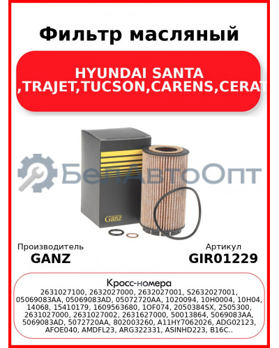 Фильтр масляный HYUNDAI SANTA FE,TRAJET,TUCSON,CARENS,CERATO GANZ GIR01229