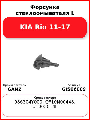 Форсунка стеклоомывателя L KIA Rio 11-17 GANZ GIS06009