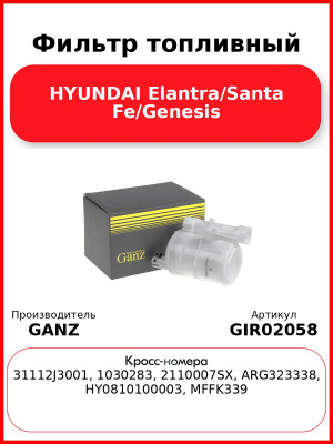 Фильтр топливный HYUNDAI Elantra/Santa Fe/Genesis GANZ GIR02058