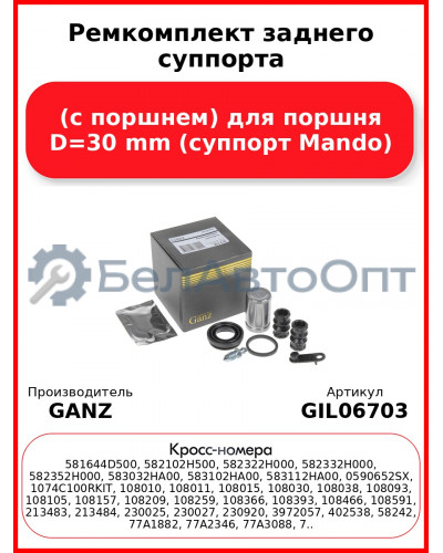 Ремкомплект заднего суппорта (с поршнем) для поршня D=30 mm (суппорт Mando) GANZ GIL06703