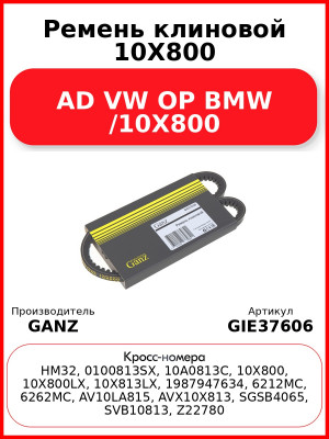 Ремень клиновой 10X800 AD VW OP BMW /10X800 GANZ GIE37606