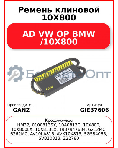 Ремень клиновой 10X800 AD VW OP BMW /10X800 GANZ GIE37606