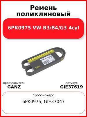 Ремень поликлиновый 6PK0975 VW B3/B4/G3 4cyl GANZ GIE37619