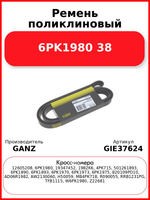 Ремень поликлиновый 6PK1980 38 GANZ GIE37624