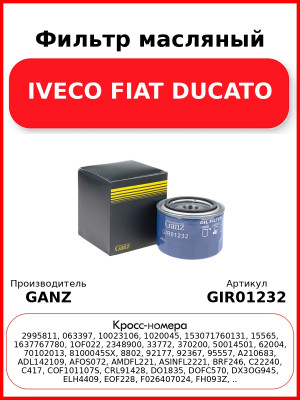 Фильтр масляный IVECO FIAT DUCATO GANZ GIR01232