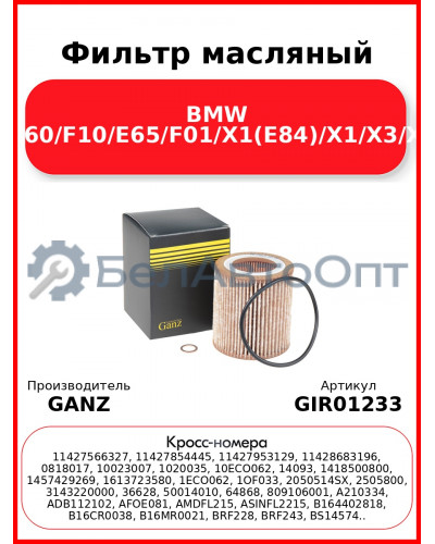 Фильтр масляный BMW E90/E60/F10/E65/F01/X1(E84)/X1/X3/X5/X6 GANZ GIR01233