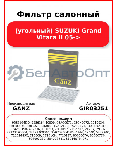 Фильтр салонный (угольный) SUZUKI Grand Vitara II 05-> GANZ GIR03251