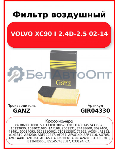 Фильтр воздушный VOLVO XC90 I 2.4D-2.5 02-14 GANZ GIR04330