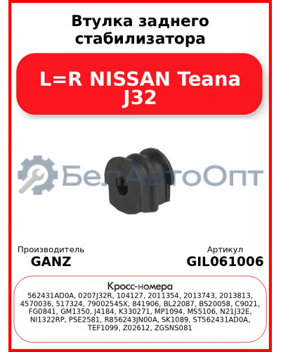 Втулка заднего стабилизатора L=R NISSAN Teana J32 GANZ GIL061006