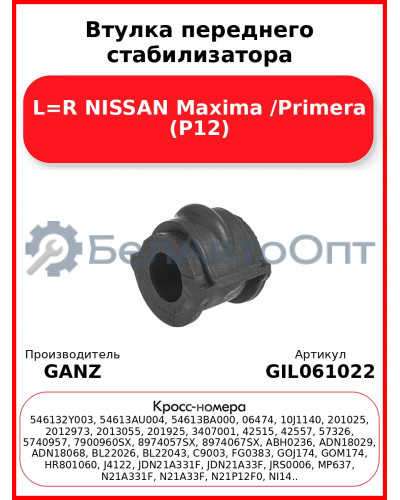 Втулка переднего стабилизатора L=R NISSAN Maxima /Primera (P12) GANZ GIL061022