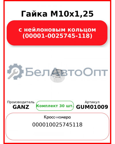 Гайка M10x1,25 с нейлоновым кольцом (00001-0025745-118)  GANZ GUM01009 (Комплект 30 шт