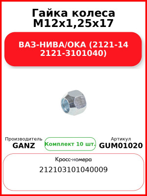 Гайка колеса M12x1,25x17 ВАЗ-НИВА/OKA (2121-14 2121-3101040)  GANZ GUM01020 (Комплект 10 шт