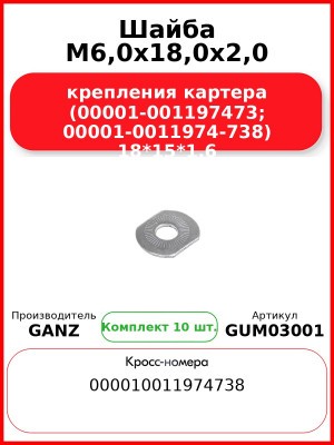 Шайба M6,0x18,0x2,0 крепления картера (00001-001197473; 00001-0011974-738) 18*15*1.6 GANZ GUM03001 (Комплект 10 шт