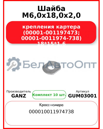 Шайба M6,0x18,0x2,0 крепления картера (00001-001197473; 00001-0011974-738) 18*15*1.6 GANZ GUM03001 (Комплект 10 шт