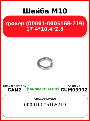 Шайба M10 гровер (00001-0005168-719) 17.4*10.4*2.5 GANZ GUM03002 (Комплект 30 шт