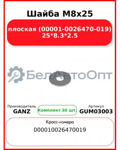 Шайба M8x25 плоская (00001-0026470-019) 25*8.3*2.5 GANZ GUM03003 (Комплект 30 шт