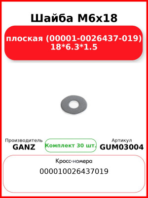 Шайба M6x18 плоская (00001-0026437-019) 18*6.3*1.5 GANZ GUM03004 (Комплект 30 шт
