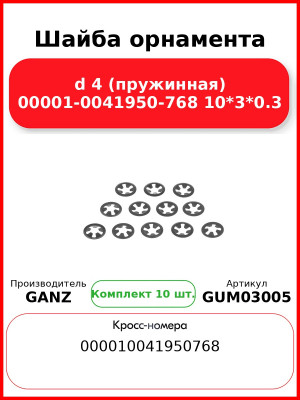 Шайба орнамента d 4 (пружинная) 00001-0041950-768 10*3*0.3 GANZ GUM03005 (Комплект 10 шт