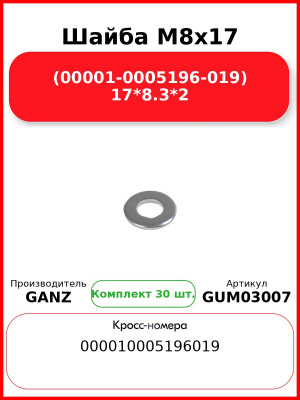 Шайба M8x17 (00001-0005196-019) 17*8.3*2 GANZ GUM03007 (Комплект 30 шт