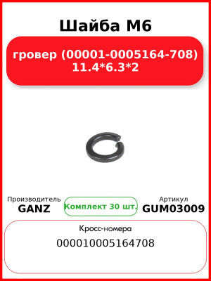 Шайба M6 гровер (00001-0005164-708) 11.4*6.3*2 GANZ GUM03009 (Комплект 30 шт