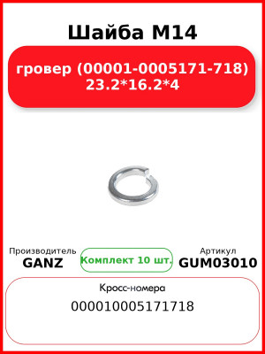 Шайба M14 гровер (00001-0005171-718) 23.2*16.2*4 GANZ GUM03010 (Комплект 10 шт