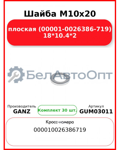 Шайба M10x20 плоская (00001-0026386-719) 18*10.4*2 GANZ GUM03011 (Комплект 30 шт