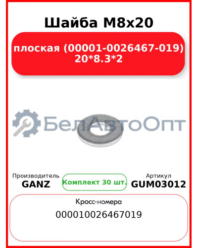 Шайба M8x20 плоская (00001-0026467-019) 20*8.3*2 GANZ GUM03012 (Комплект 30 шт