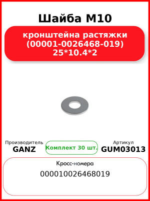 Шайба M10 кронштейна растяжки (00001-0026468-019) 25*10.4*2 GANZ GUM03013 (Комплект 30 шт