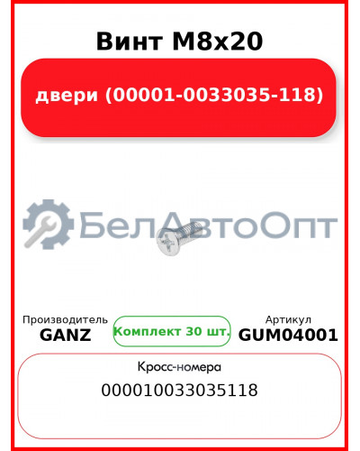 Винт  M8x20 двери (00001-0033035-118)  GANZ GUM04001 (Комплект 30 шт