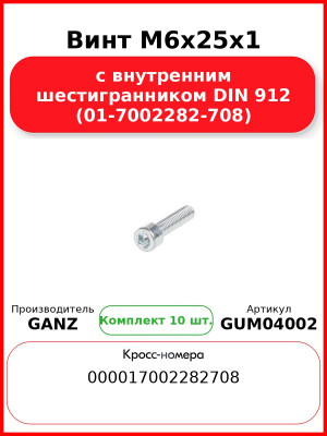 Винт M6x25x1 с внутренним шестигранником DIN 912 (01-7002282-708)  GANZ GUM04002 (Комплект 10 шт