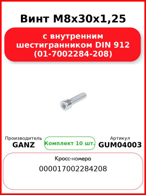 Винт M8x30x1,25 с внутренним шестигранником DIN 912 (01-7002284-208)  GANZ GUM04003 (Комплект 10 шт