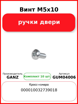 Винт M5x10 ручки двери  GANZ GUM04006 (Комплект 10 шт