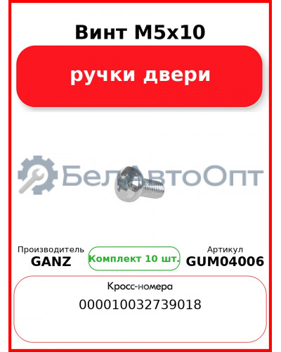 Винт M5x10 ручки двери  GANZ GUM04006 (Комплект 10 шт