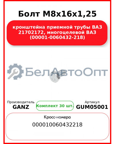 Болт M8x16x1,25 кронштейна приемной трубы ВАЗ 21702172, многоцелевой ВАЗ  (00001-0060432-218)  GANZ GUM05001 (Комплект 30 шт