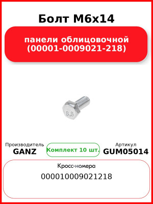 Болт M6x14 панели облицовочной (00001-0009021-218)  GANZ GUM05014 (Комплект 10 шт