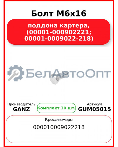 Болт M6x16 поддона картера, (00001-000902221; 00001-0009022-218)  GANZ GUM05015 (Комплект 30 шт