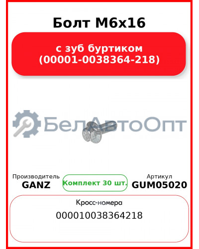 Болт M6x16 с зуб буртиком (00001-0038364-218)  GANZ GUM05020 (Комплект 30 шт
