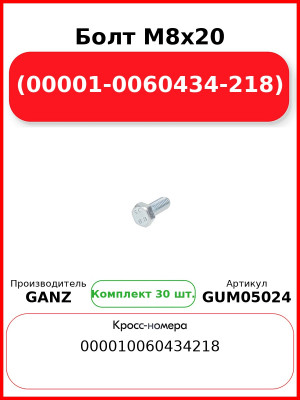 Болт M8x20 (00001-0060434-218)  GANZ GUM05024 (Комплект 30 шт