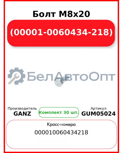 Болт M8x20 (00001-0060434-218)  GANZ GUM05024 (Комплект 30 шт