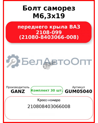 Болт саморез M6,3x19 переднего крыла ВАЗ 2108-099 (21080-8403066-008)  GANZ GUM05040 (Комплект 30 шт