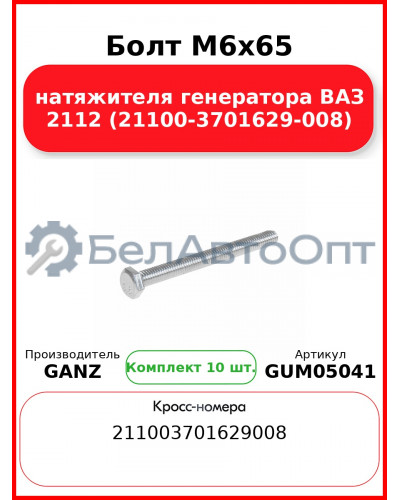 Болт M6x65 натяжителя генератора ВАЗ 2112 (21100-3701629-008)  GANZ GUM05041 (Комплект 10 шт
