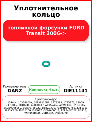 Уплотнительное кольцо топливной форсунки FORD Transit 2006-> GANZ GIE11141 (Комплект 4 шт