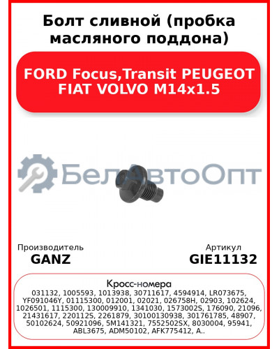 Болт сливной (пробка масляного поддона) FORD Focus,Transit PEUGEOT FIAT VOLVO M14х1.5 GANZ GIE11132