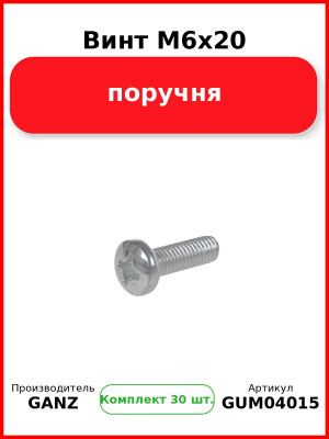 Винт M6x20 поручня  GANZ GUM04015 (Комплект 30 шт
