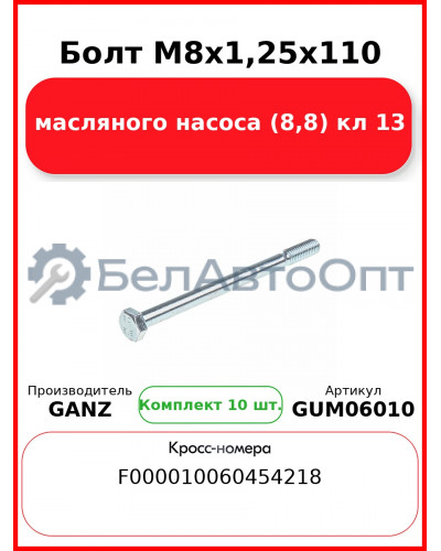 Болт M8x1,25x110 масляного насоса (8,8) кл 13 GANZ GUM06010 (Комплект 10 шт