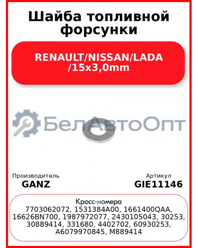 Шайба топливной форсунки RENAULT/NISSAN/LADA /15x3,0mm GANZ GIE11146
