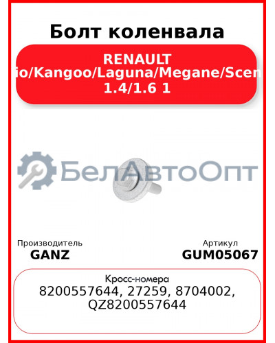 Болт коленвала RENAULT Clio/Kangoo/Laguna/Megane/Scenic 1.4/1.6 1 GANZ GUM05067