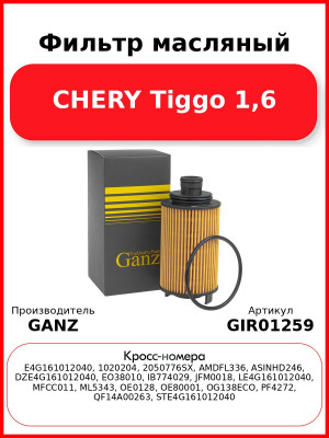 Фильтр масляный CHERY Tiggo 1,6 GANZ GIR01259