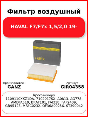 Фильтр воздушный HAVAL F7/F7x 1,5/2,0 19- GANZ GIR04358